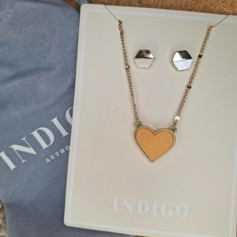 Indigo Authority Heart necklace and earrings
